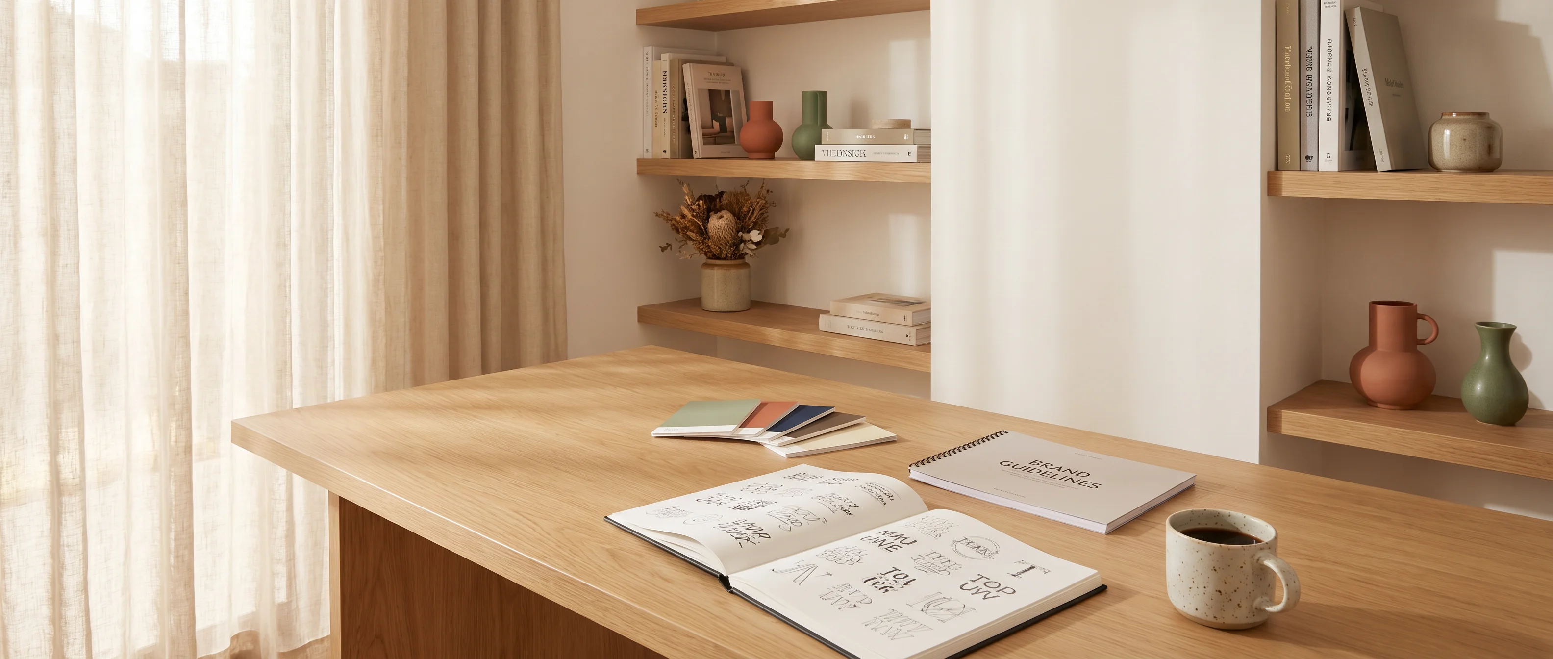 Warm studio atmosphere with natural light and brand materials