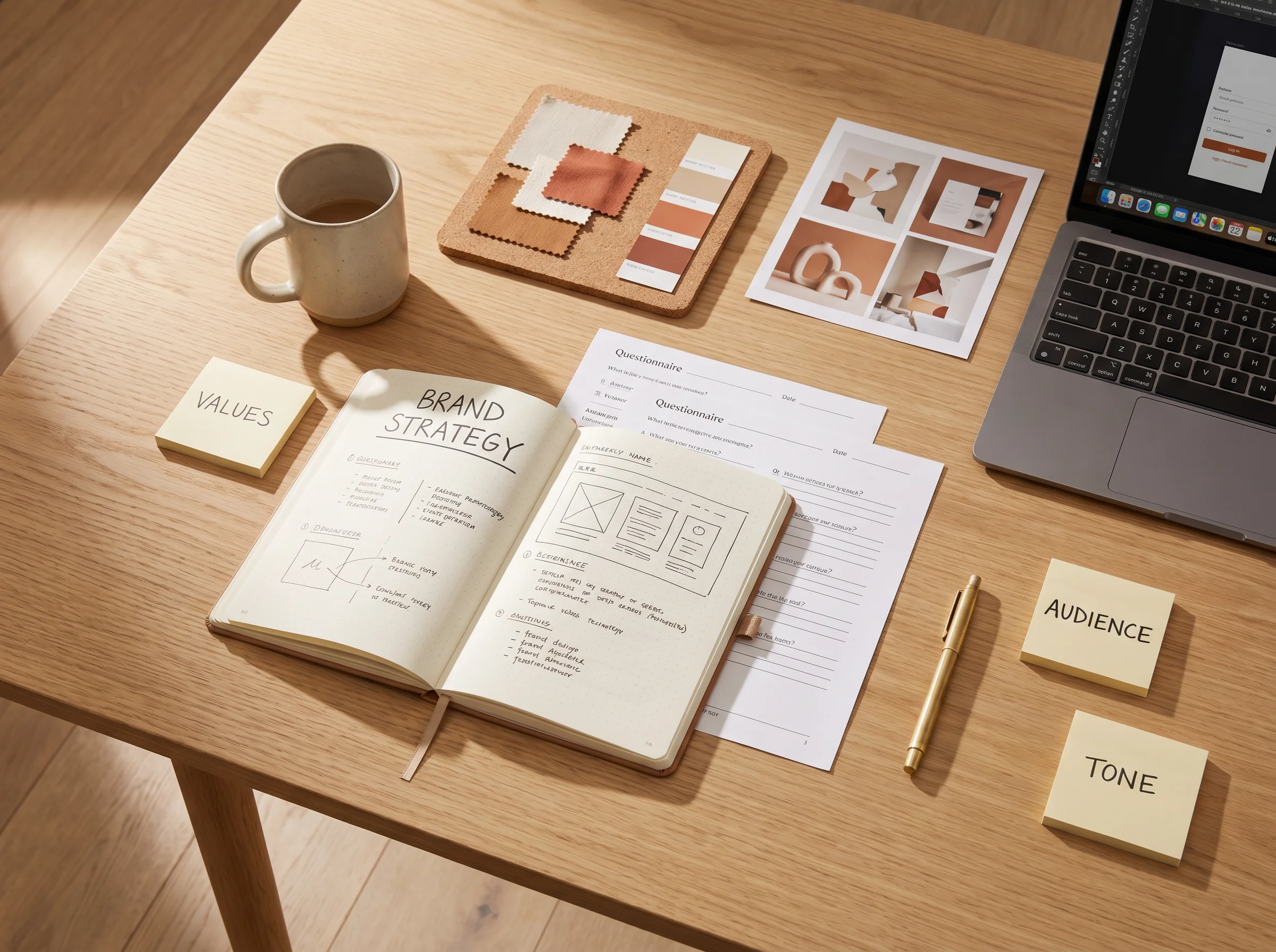 Brand discovery session materials arranged inside the ReedyFlex studio