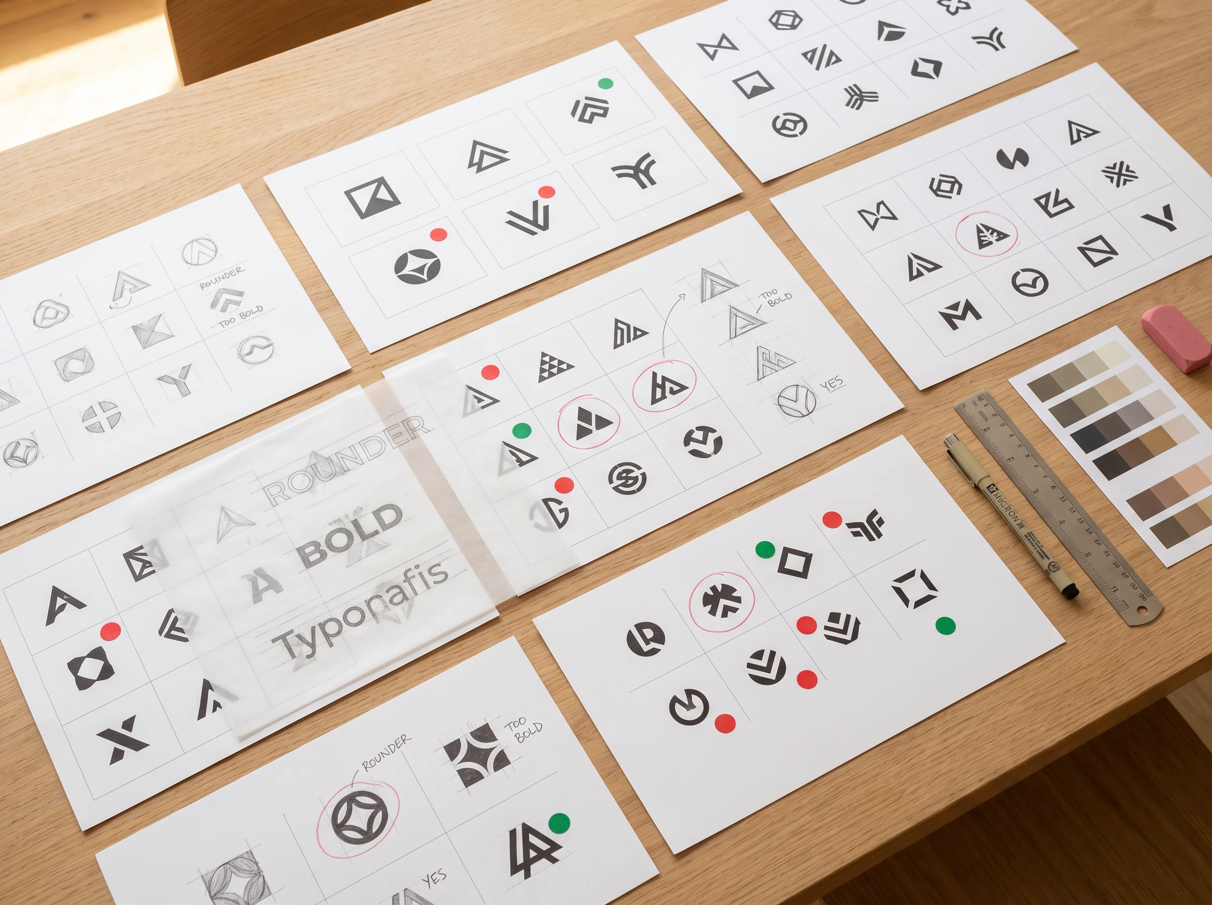 Brand refinement boards and printed design drafts in the ReedyFlex studio
