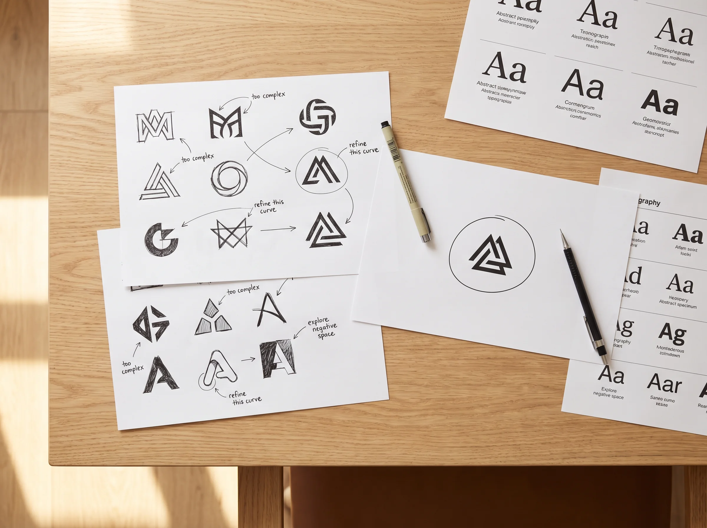 Logo design process with sketches and refinements